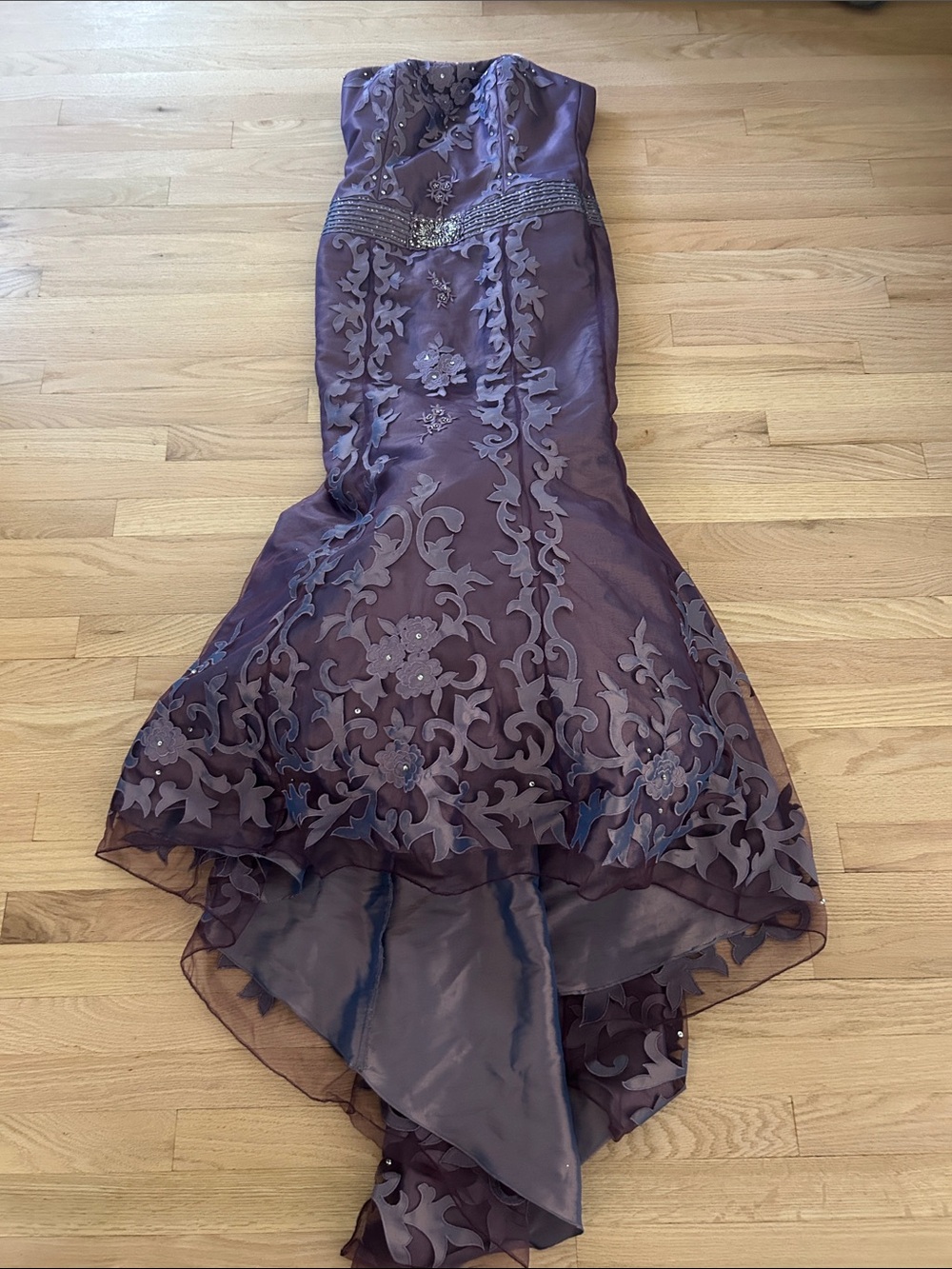 Jovani Strapless Purple High-Low Embroidered Evening Gown